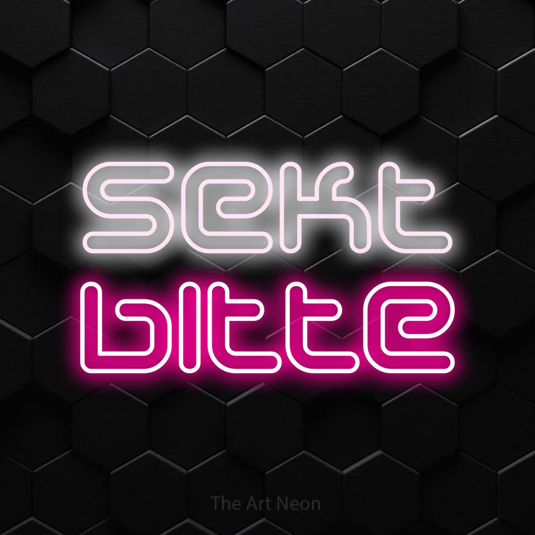 LED neon sign reading “sekt bitte”, arranged in 2 lines.