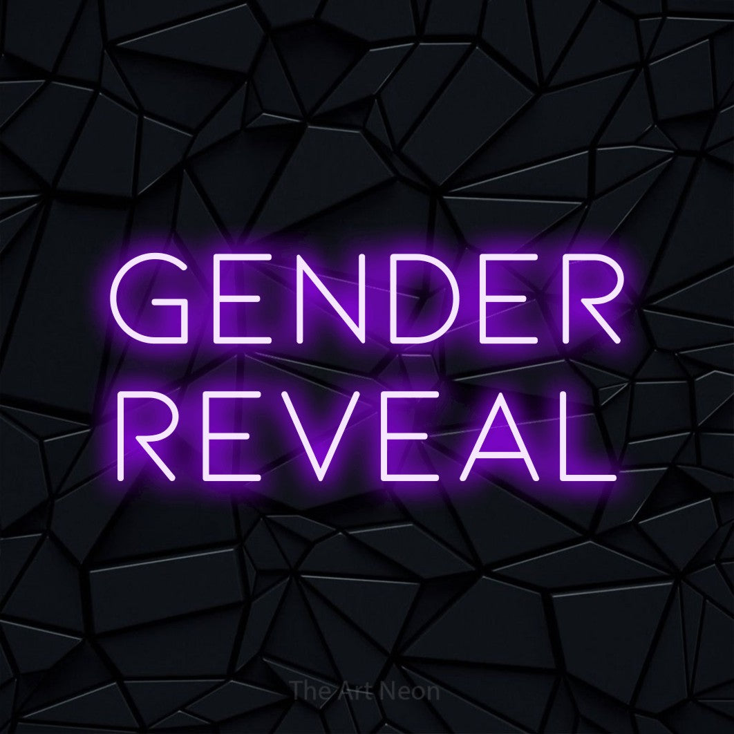 LED neon sign reading “Gender Reveal”, arranged in 2 lines.