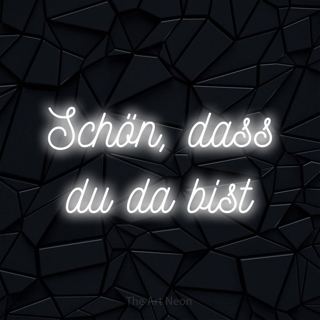 LED neon sign reading “Schön, dass du da bist”, arranged in 2 lines.