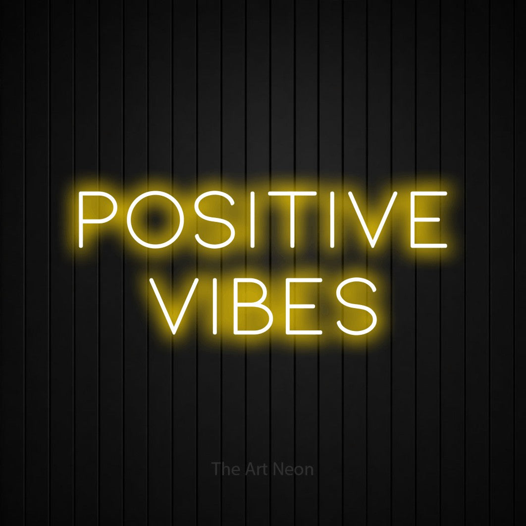 LED neon sign reading “POSITIVE VIBES”, arranged in 2 lines.