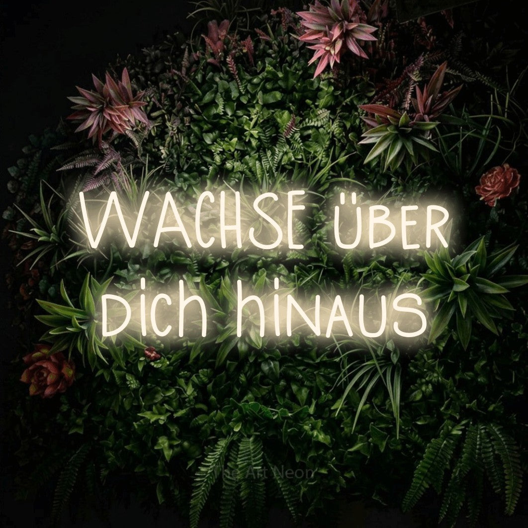 LED neon sign reading “WACHSE über dich hinaus”, arranged in 2 lines.
