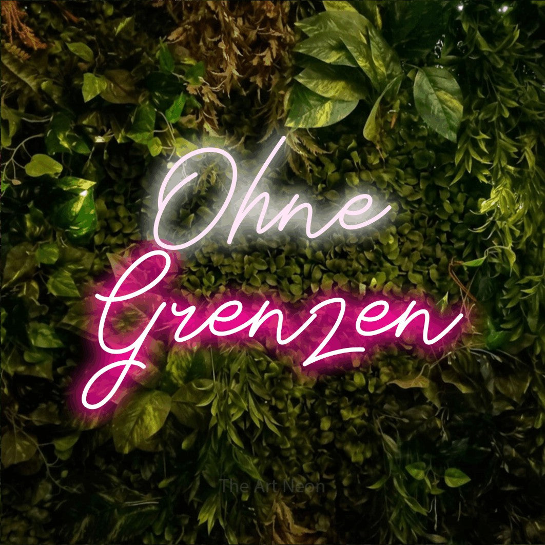 LED neon sign reading “Ohne Grenzen”, arranged in 2 lines.