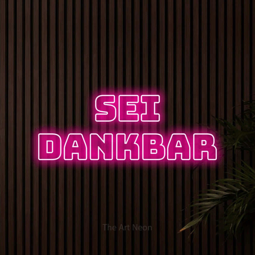 LED neon sign reading “Sei dankbar”, arranged in 2 lines.