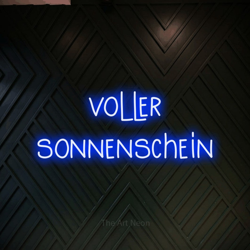 LED neon sign reading “voller sonnenschein”, arranged in 2 lines.
