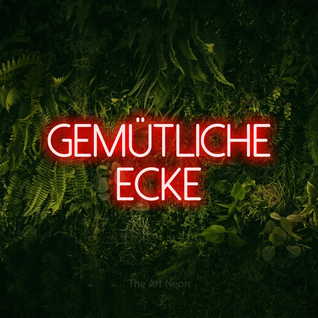 LED neon sign reading “GEMÜTLICHE ECKE”, arranged in 2 lines.