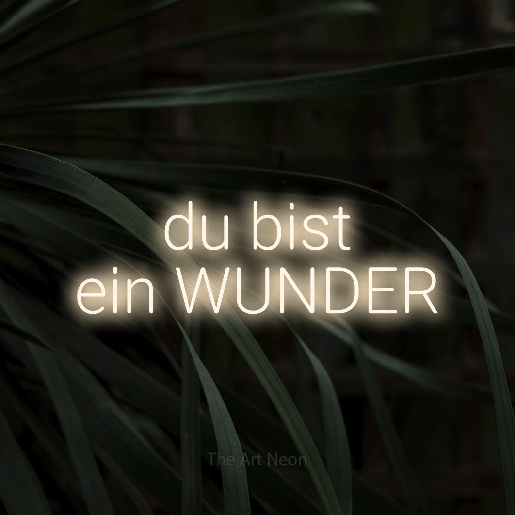 LED neon sign reading “du bist ein WUNDER”, arranged in 2 lines.