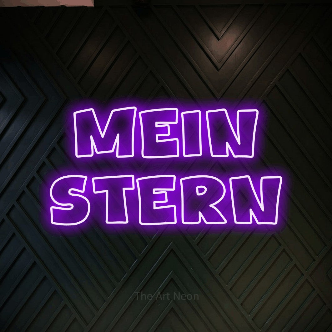 LED neon sign reading “Mein Stern”, arranged in 2 lines.