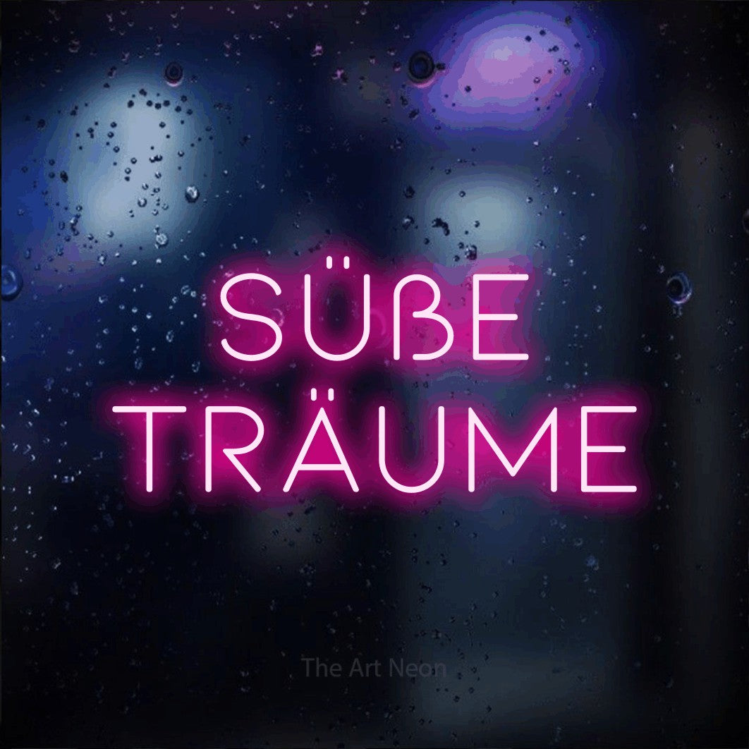 LED neon sign reading “süße träume”, arranged in 2 lines.