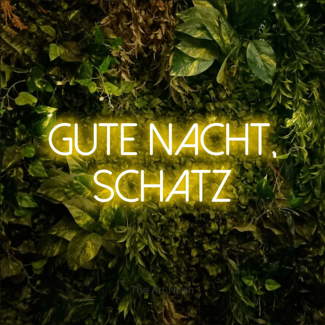 LED neon sign reading “GUTE NACHT, SCHATZ”, arranged in 2 lines.
