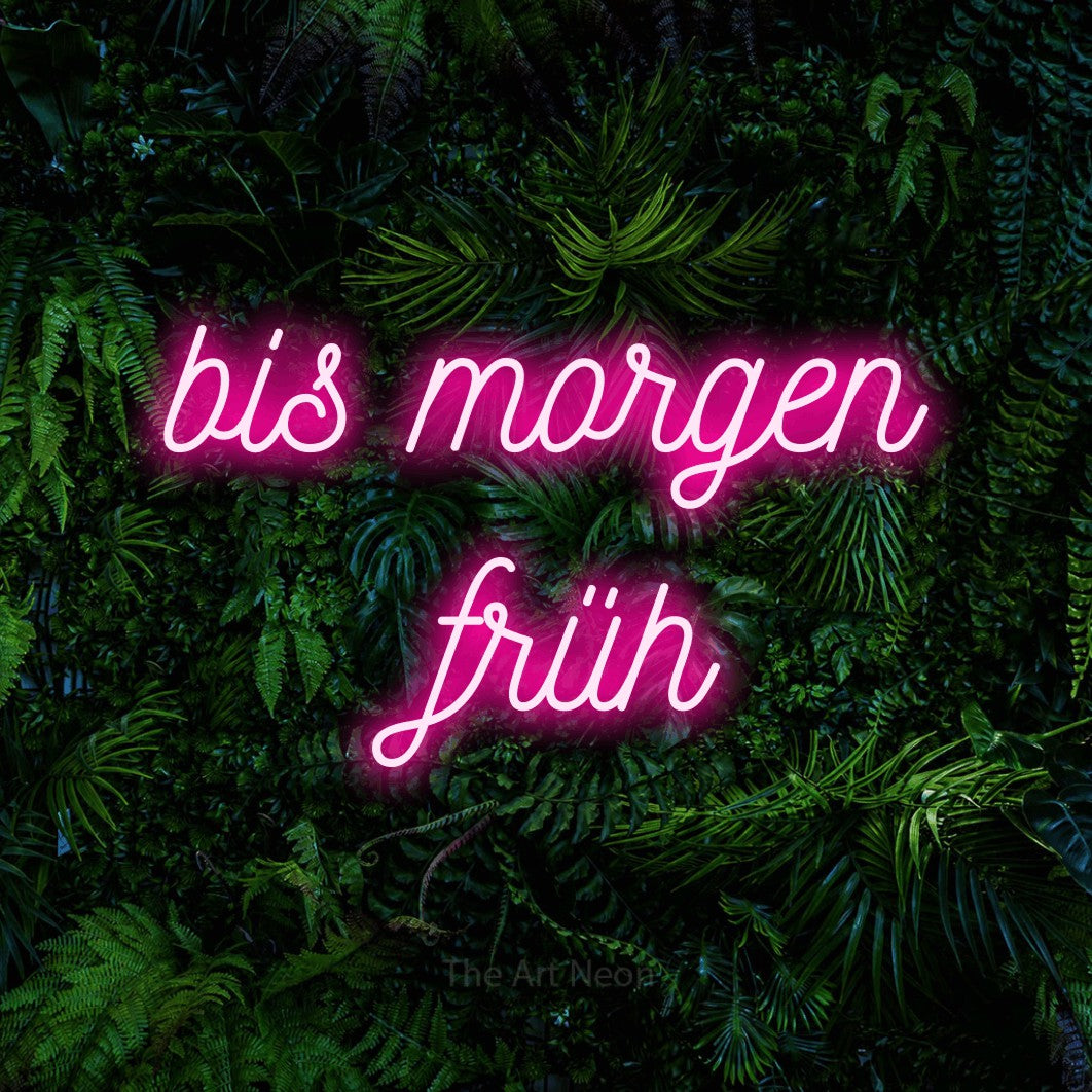 LED neon sign reading “bis morgen früh”, arranged in 2 lines.