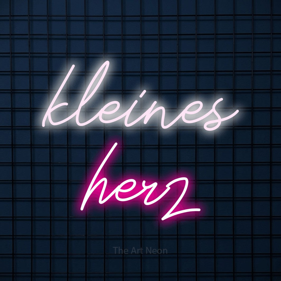 LED neon sign reading “kleines herz”, arranged in 2 lines.