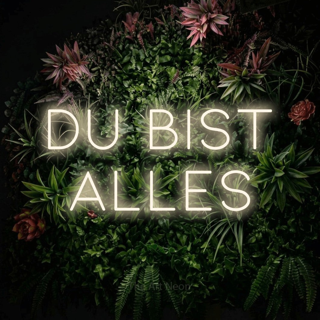 LED neon sign reading “du bist alles”, arranged in 2 lines.