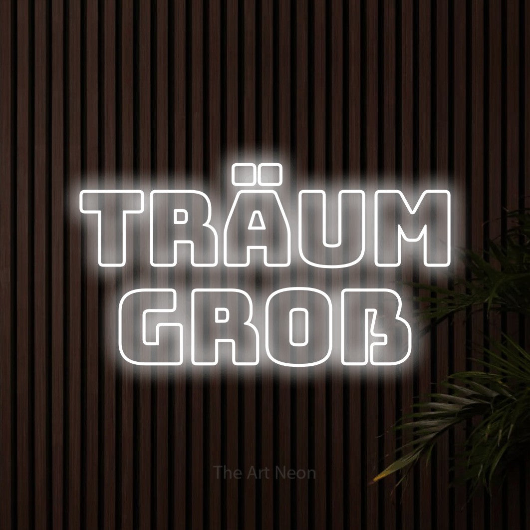 LED neon sign reading “Träum groß”, arranged in 2 lines.