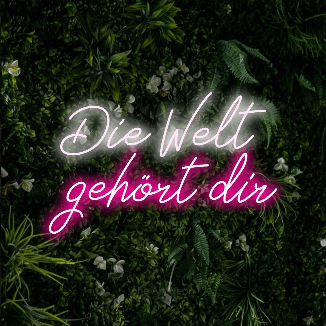 LED neon sign reading “Die Welt gehört dir”, arranged in 2 lines.