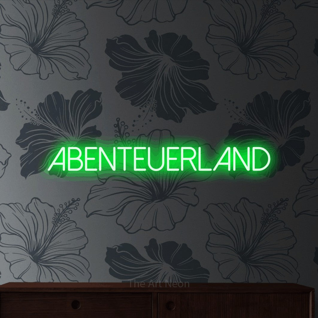 LED neon sign reading “abenteuerland”, arranged in a single line.