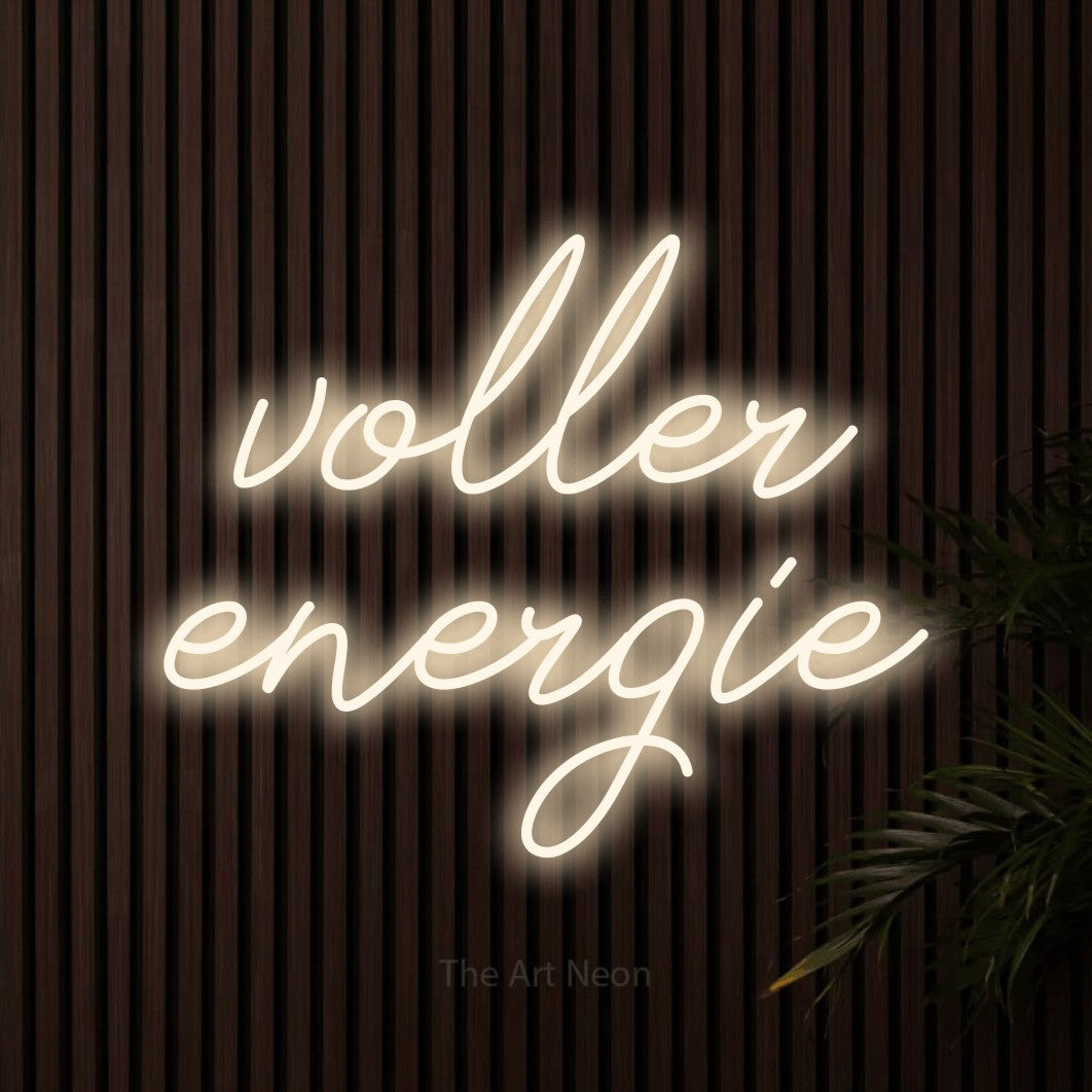 LED neon sign reading “voller energie”, arranged in 2 lines.