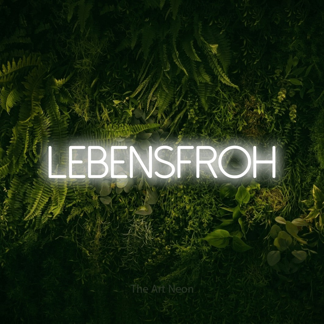 LED neon sign reading “LEBENSFROH”, arranged in a single line.