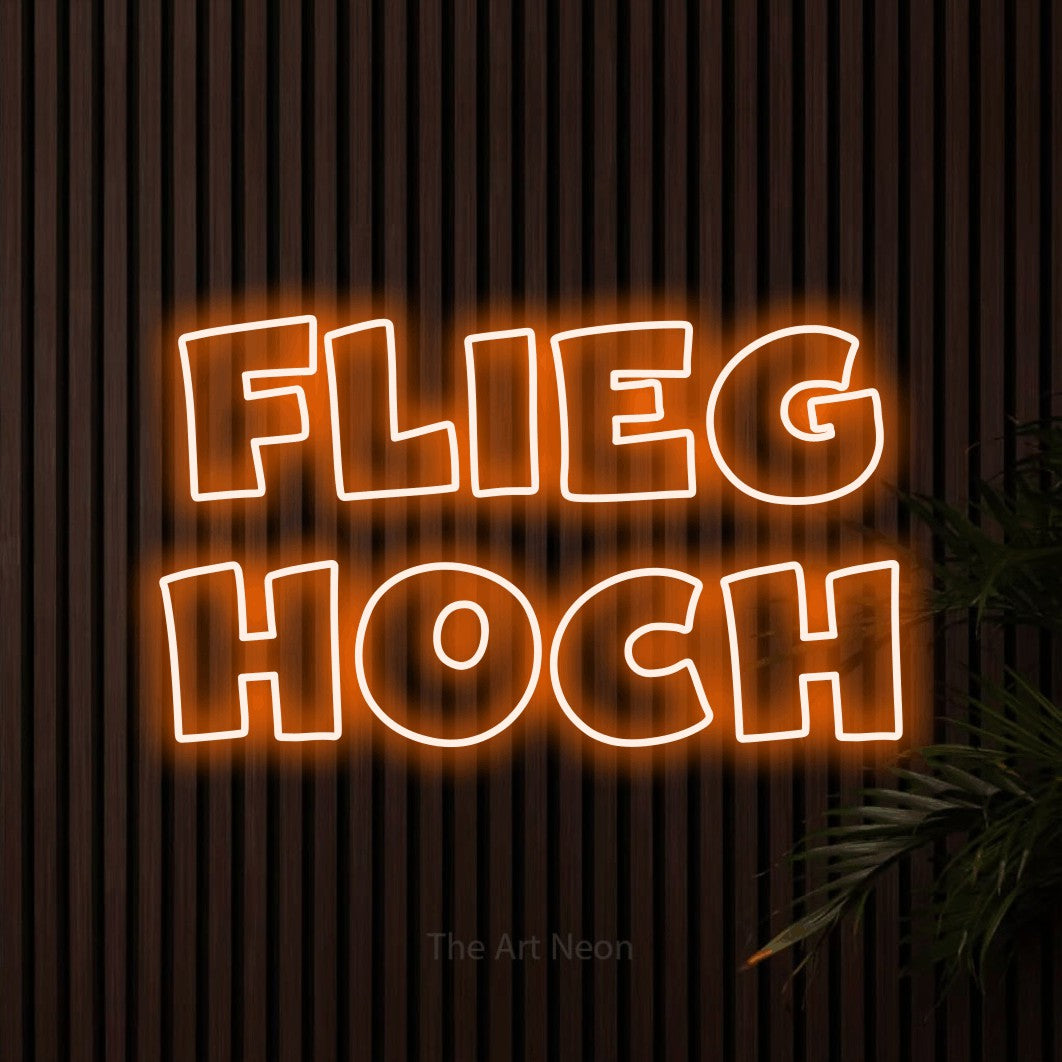 LED neon sign reading “Flieg hoch”, arranged in 2 lines.