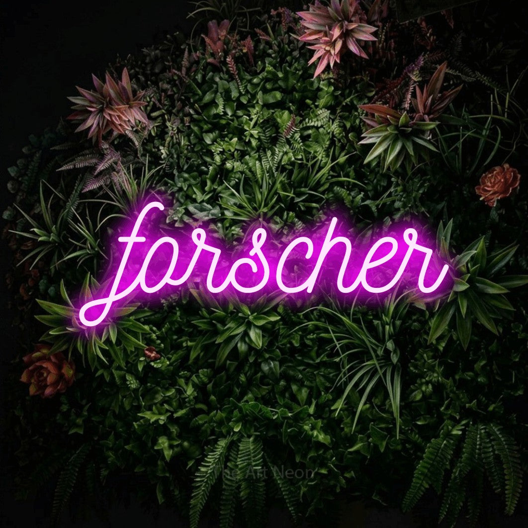 LED neon sign reading “forscher”, arranged in a single line.