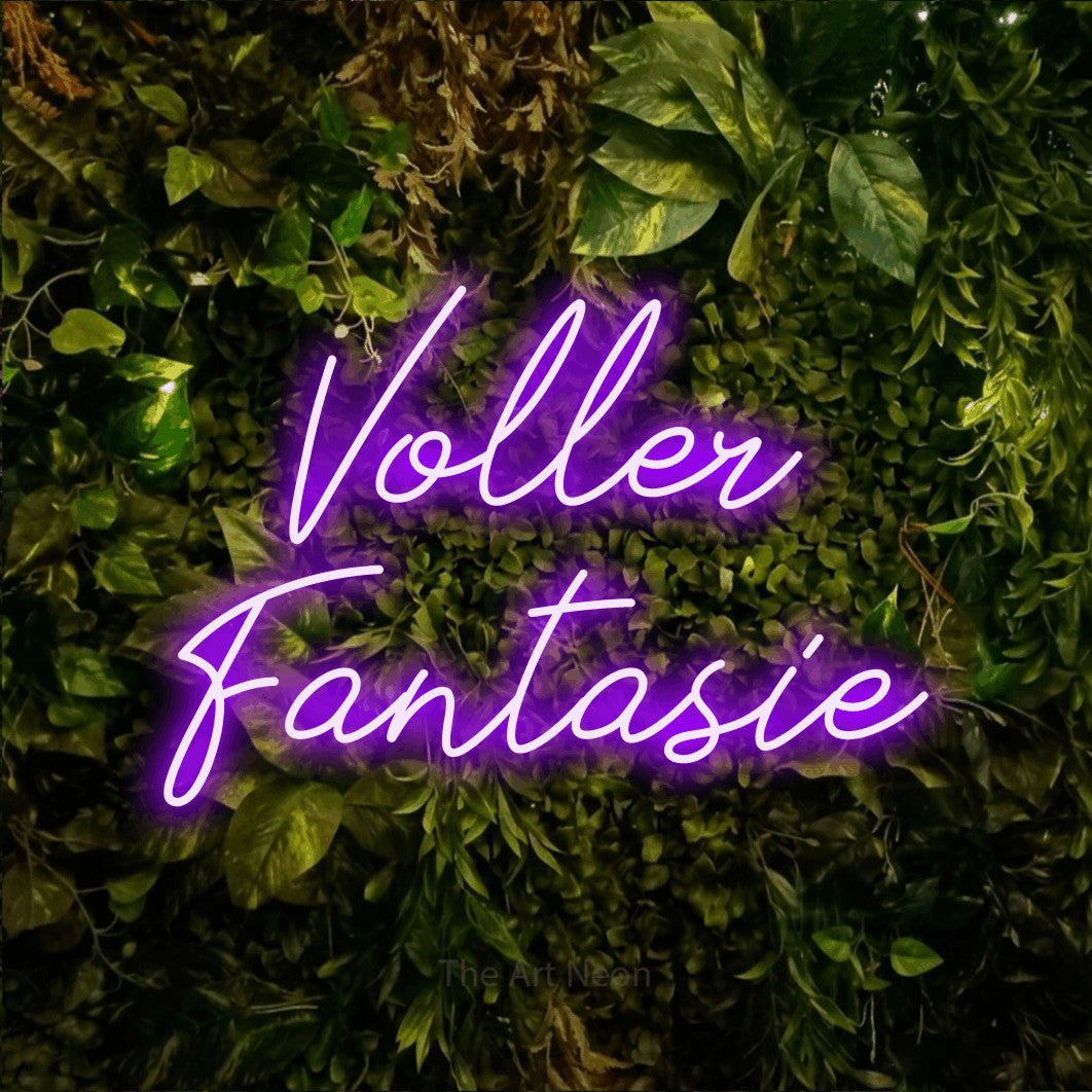 LED neon sign reading “Voller Fantasie”, arranged in 2 lines.