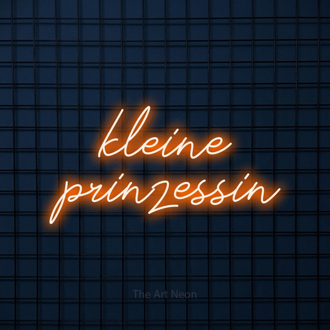 LED neon sign reading “kleine prinzessin”, arranged in 2 lines.