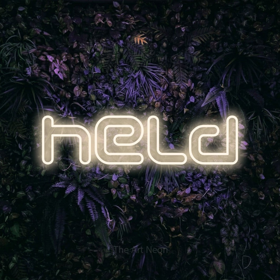 LED neon sign reading “held”, arranged in a single line.