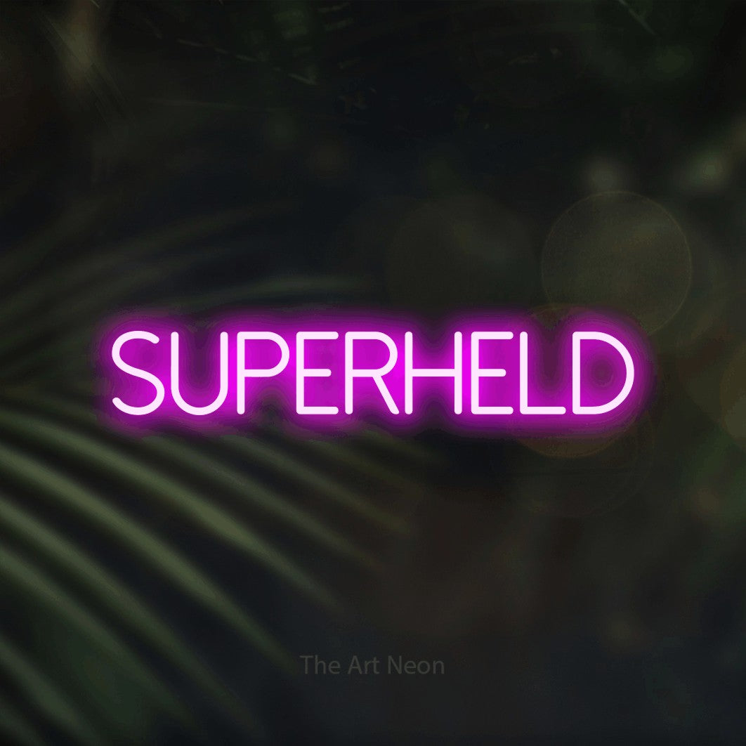 LED neon sign reading “SUPERHELD”, arranged in a single line.