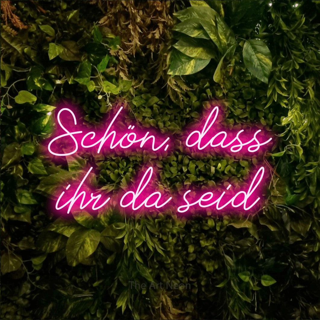 LED neon sign reading “Schön, dass ihr da seid”, arranged in 2 lines.