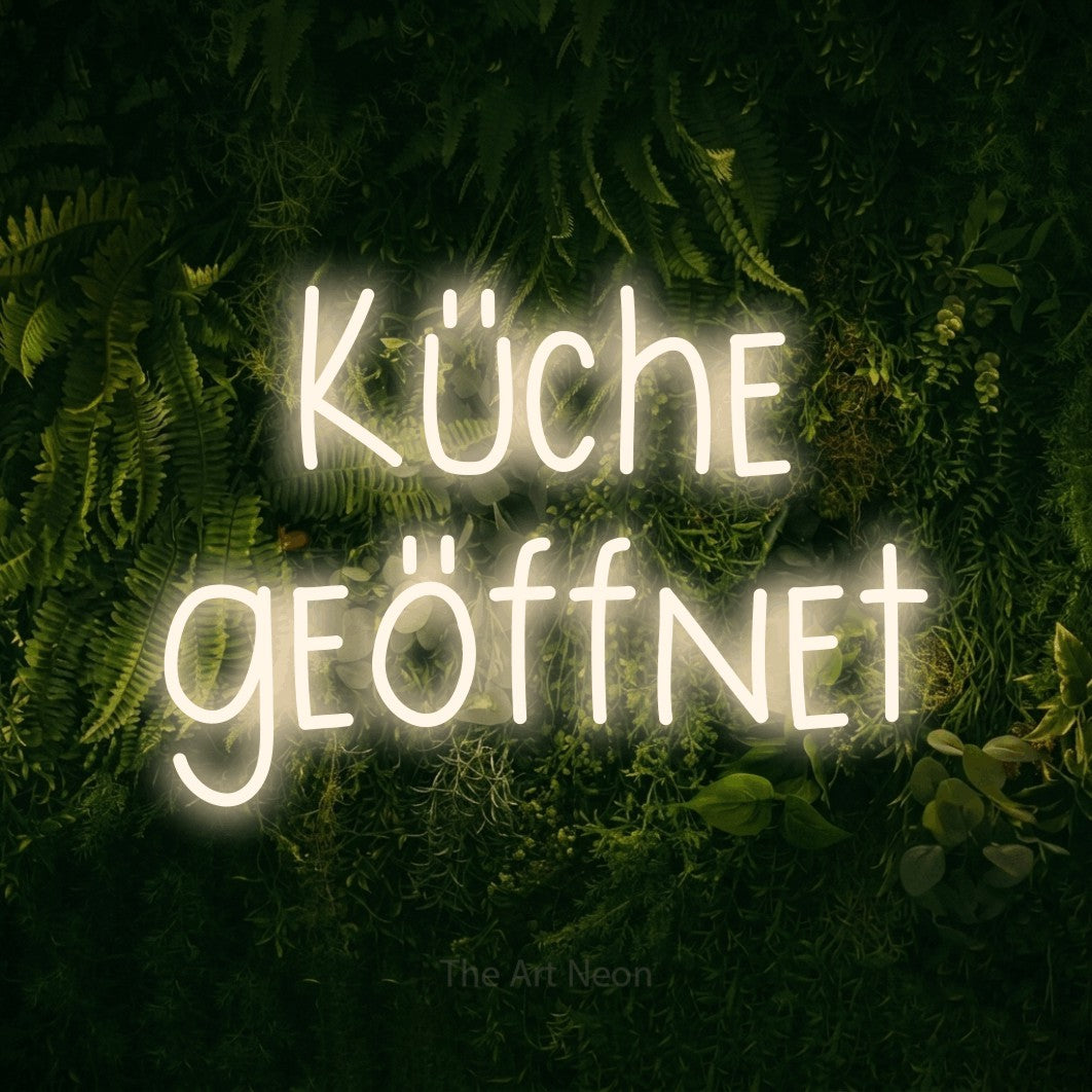 LED neon sign reading “Küche geöffnet”, arranged in 2 lines.