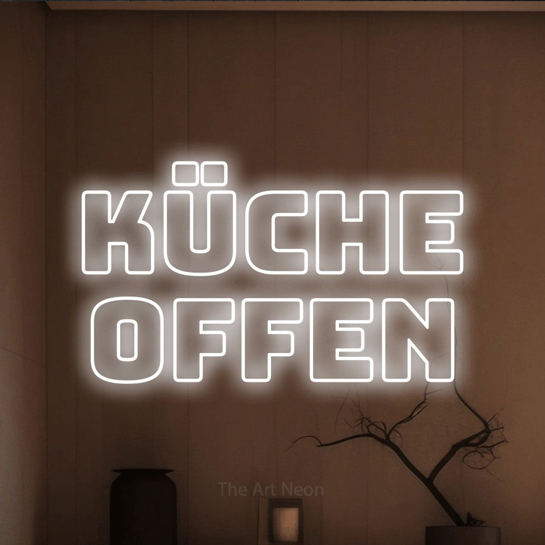 LED neon sign reading “Küche offen”, arranged in 2 lines.