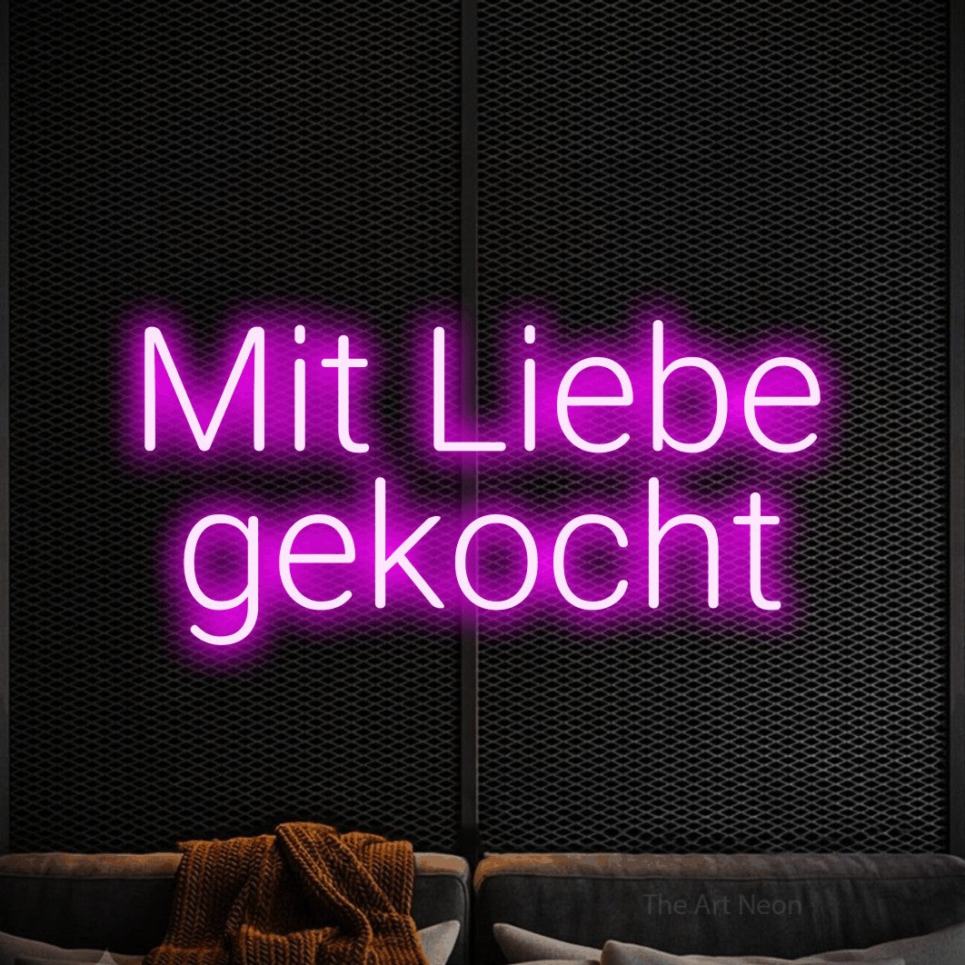 LED neon sign reading “Mit Liebe gekocht”, arranged in 2 lines.
