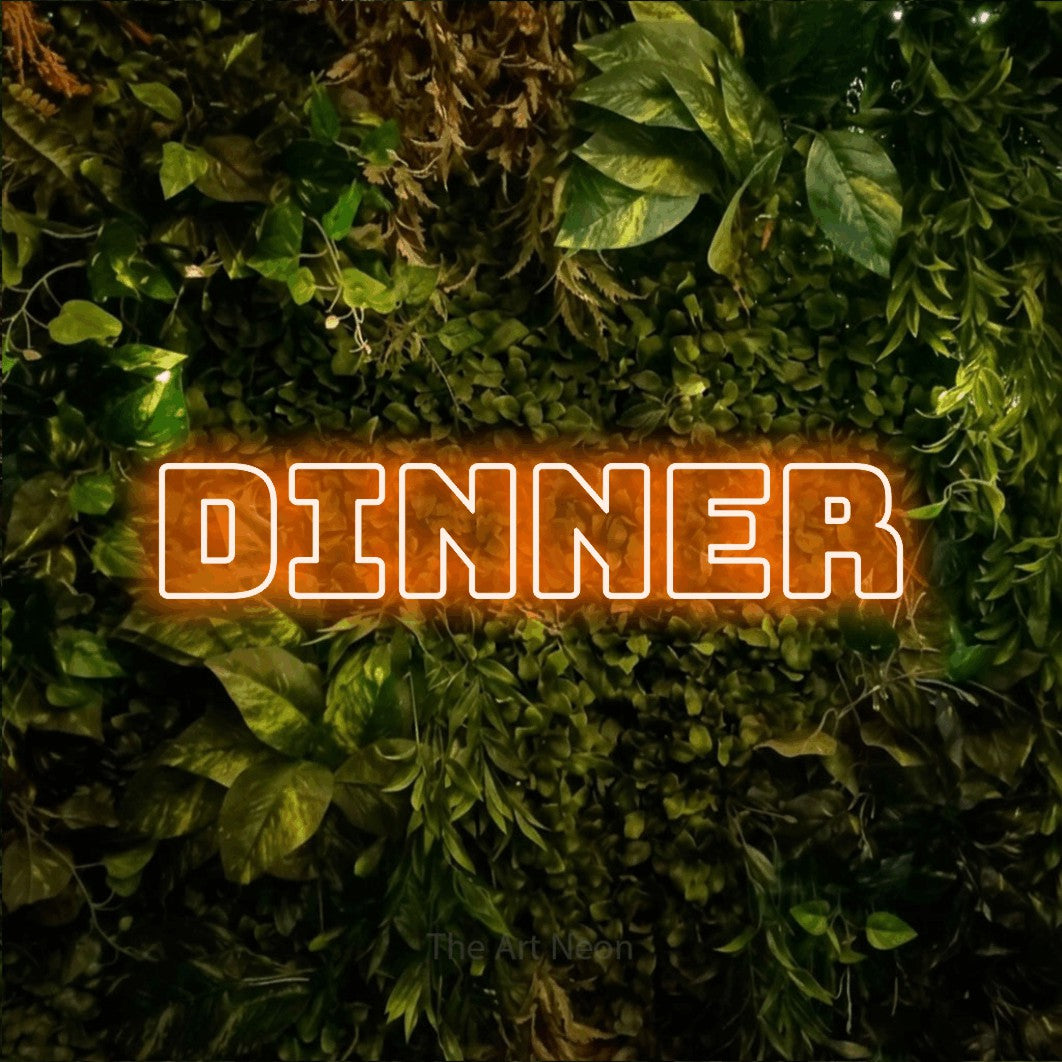 LED neon sign reading “dinner”, arranged in a single line.