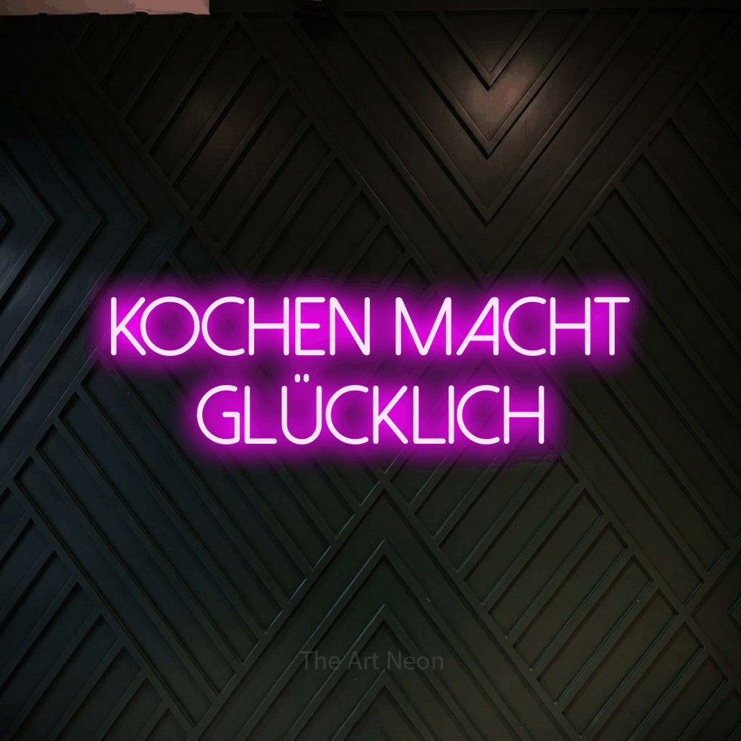 LED neon sign reading “Kochen macht glücklich”, arranged in 2 lines.