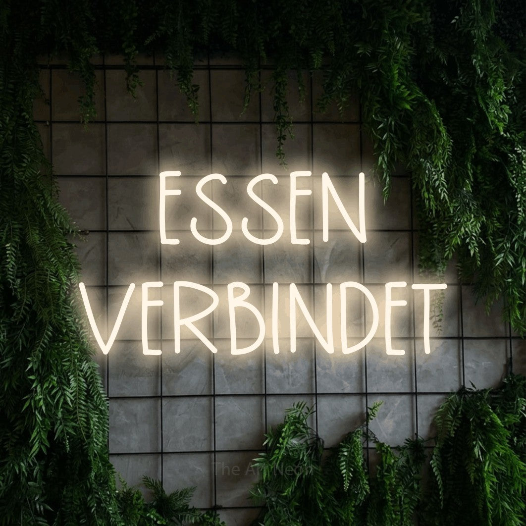 LED neon sign reading “ESSEN VERBINDET”, arranged in 2 lines.