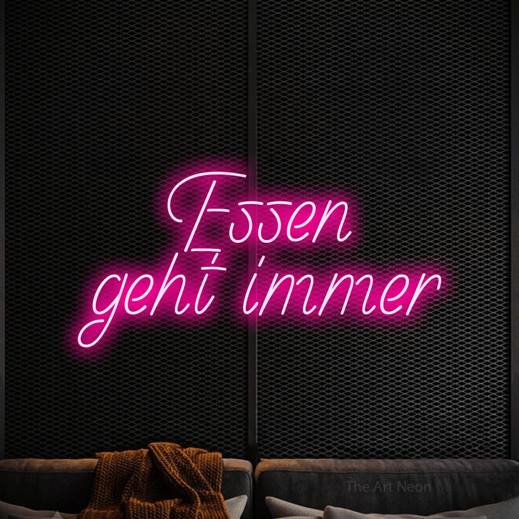 LED neon sign reading “Essen geht immer”, arranged in 2 lines.