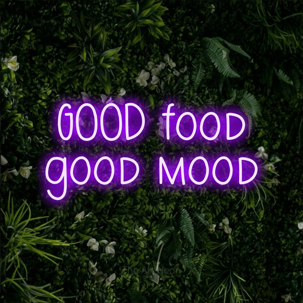 LED neon sign reading “GOOD food good mood”, arranged in 2 lines.