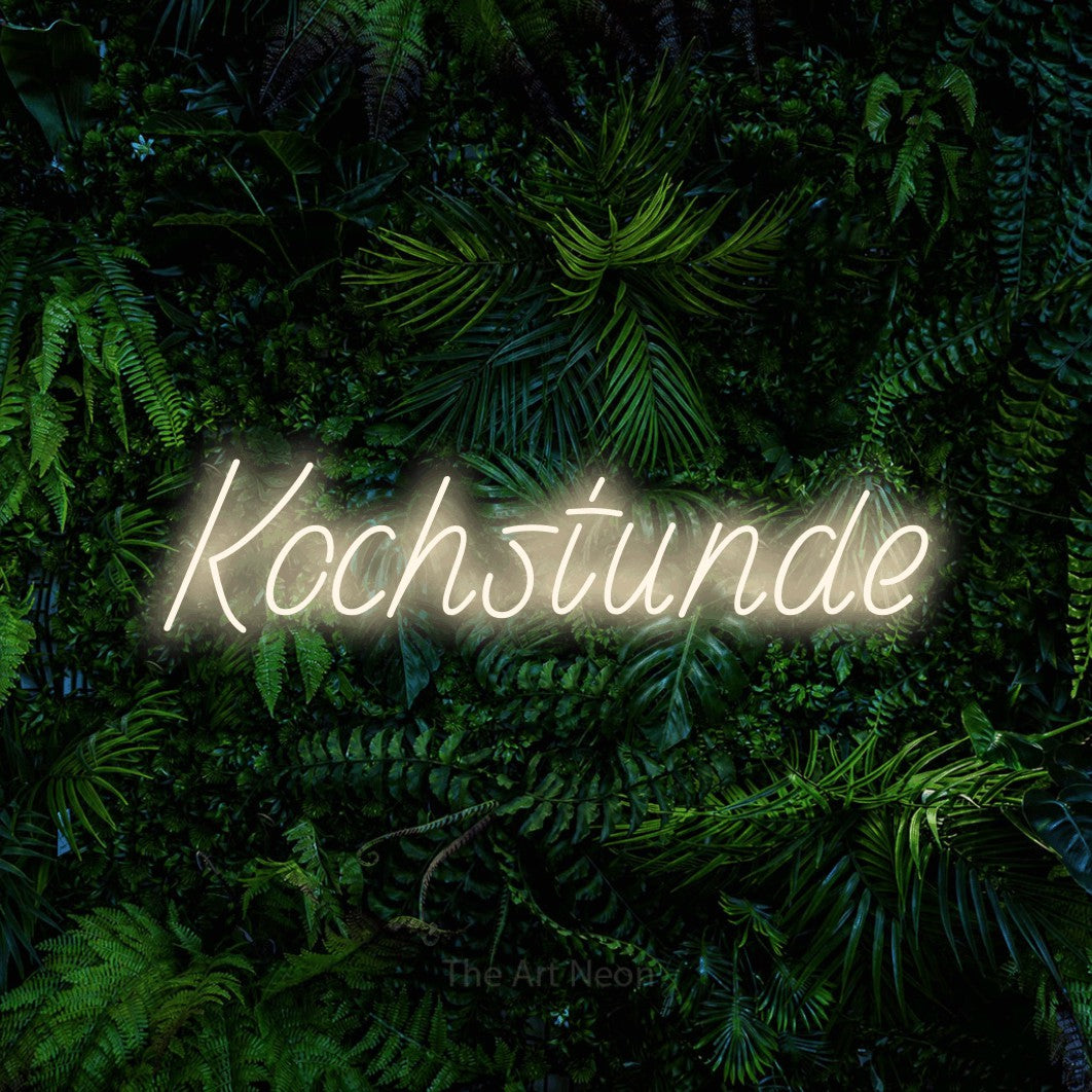 LED neon sign reading “Kochstunde”, arranged in a single line.