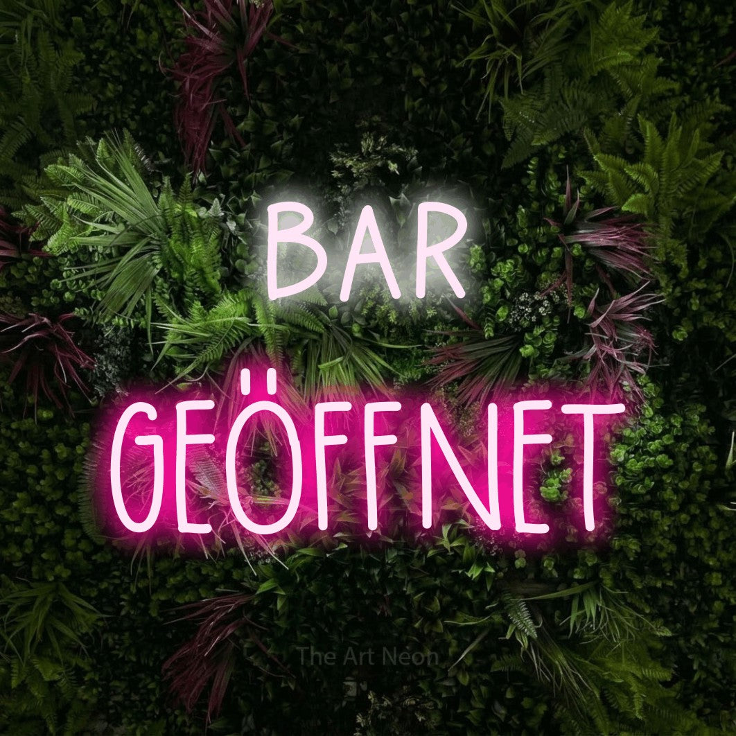 LED neon sign reading “bar GEÖFFNET”, arranged in 2 lines.