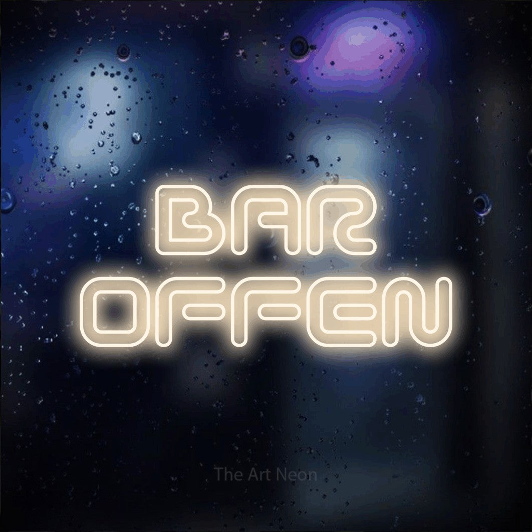 LED neon sign reading “BAR OFFEN”, arranged in 2 lines.