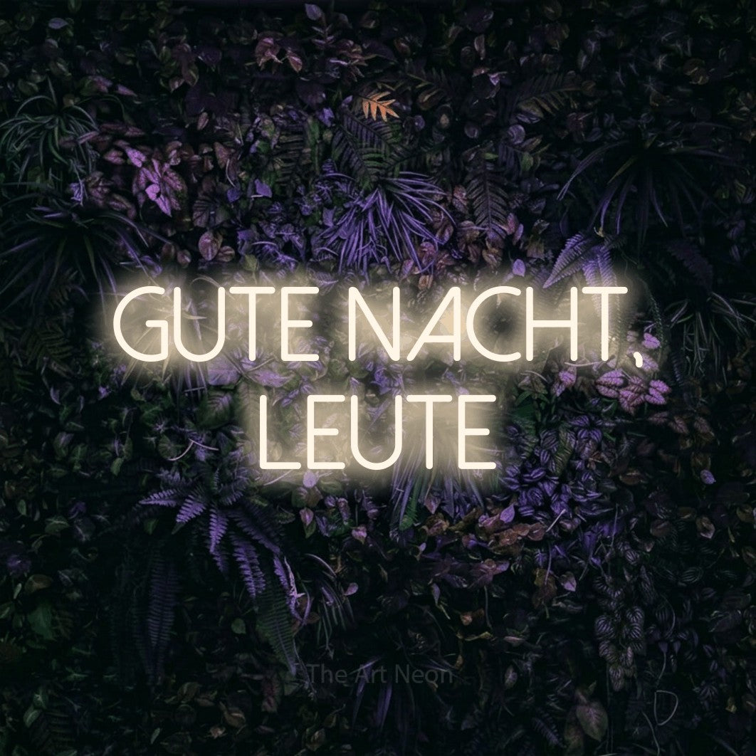 LED neon sign reading “gute nacht, leute”, arranged in 2 lines.