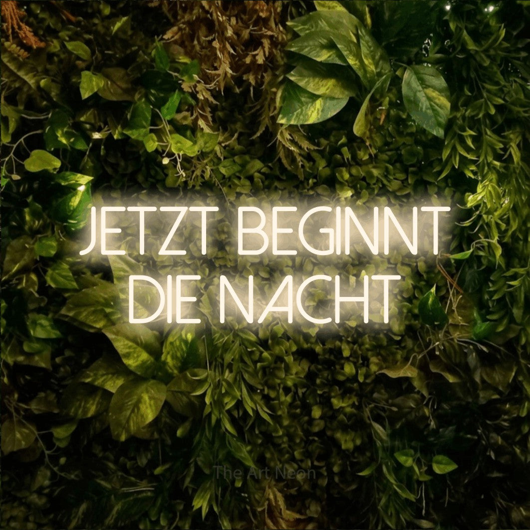 LED neon sign reading “Jetzt beginnt die Nacht”, arranged in 2 lines.