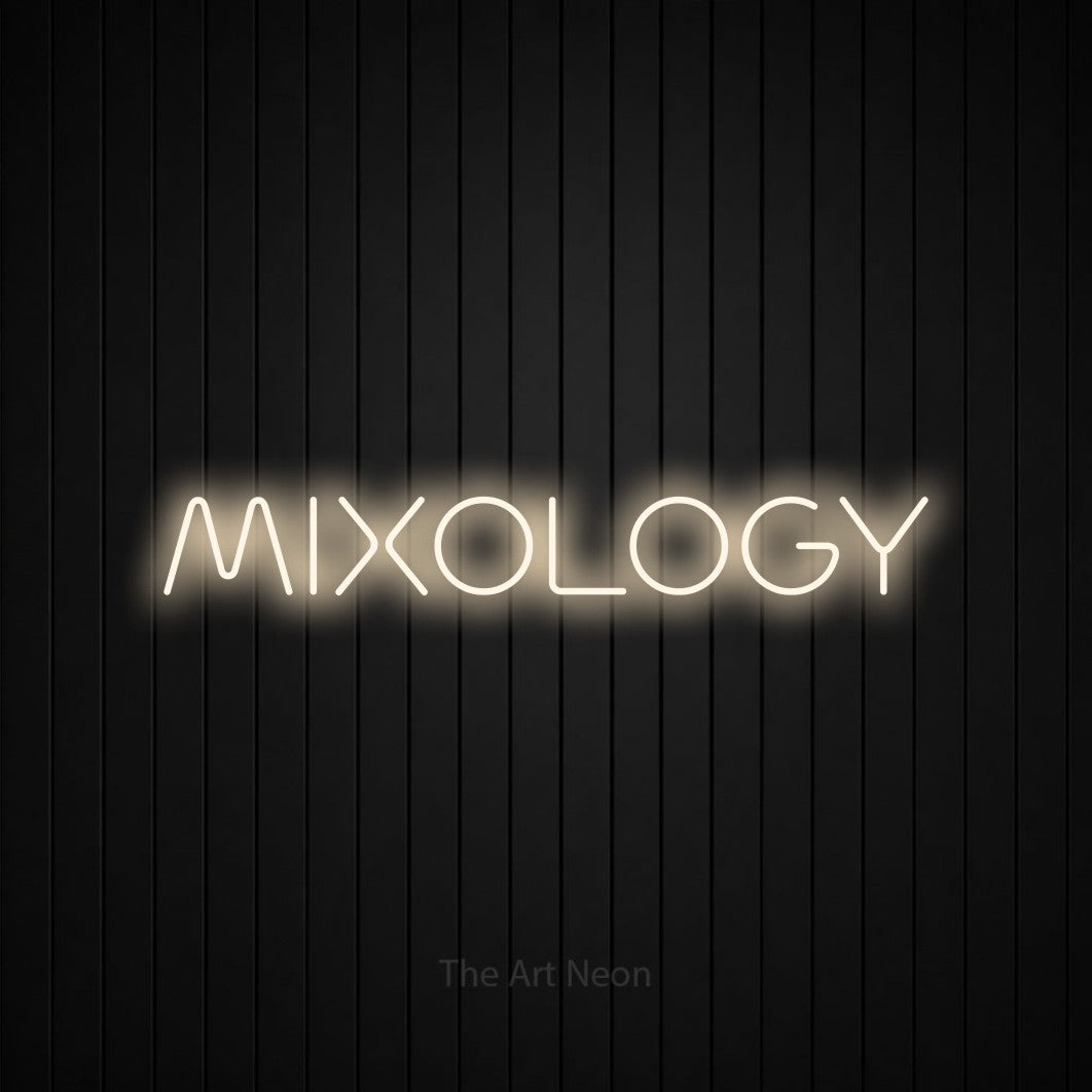 LED neon sign reading “MIXOLOGY”, arranged in a single line.