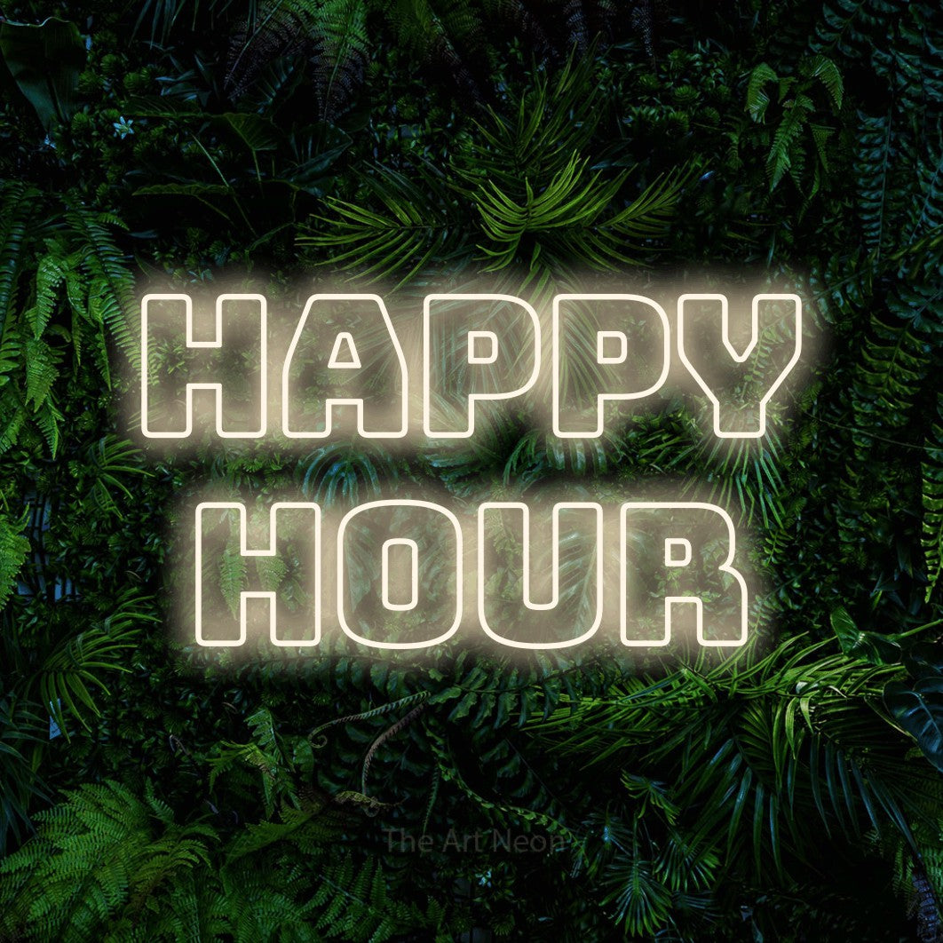 LED neon sign reading “HAPPY HOUR”, arranged in 2 lines.