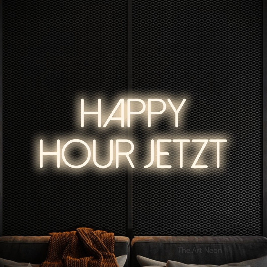 LED neon sign reading “HAPPY HOUR JETZT”, arranged in 2 lines.