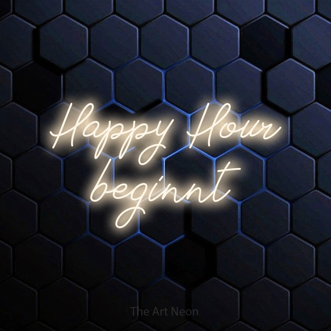 LED neon sign reading “Happy Hour beginnt”, arranged in 2 lines.