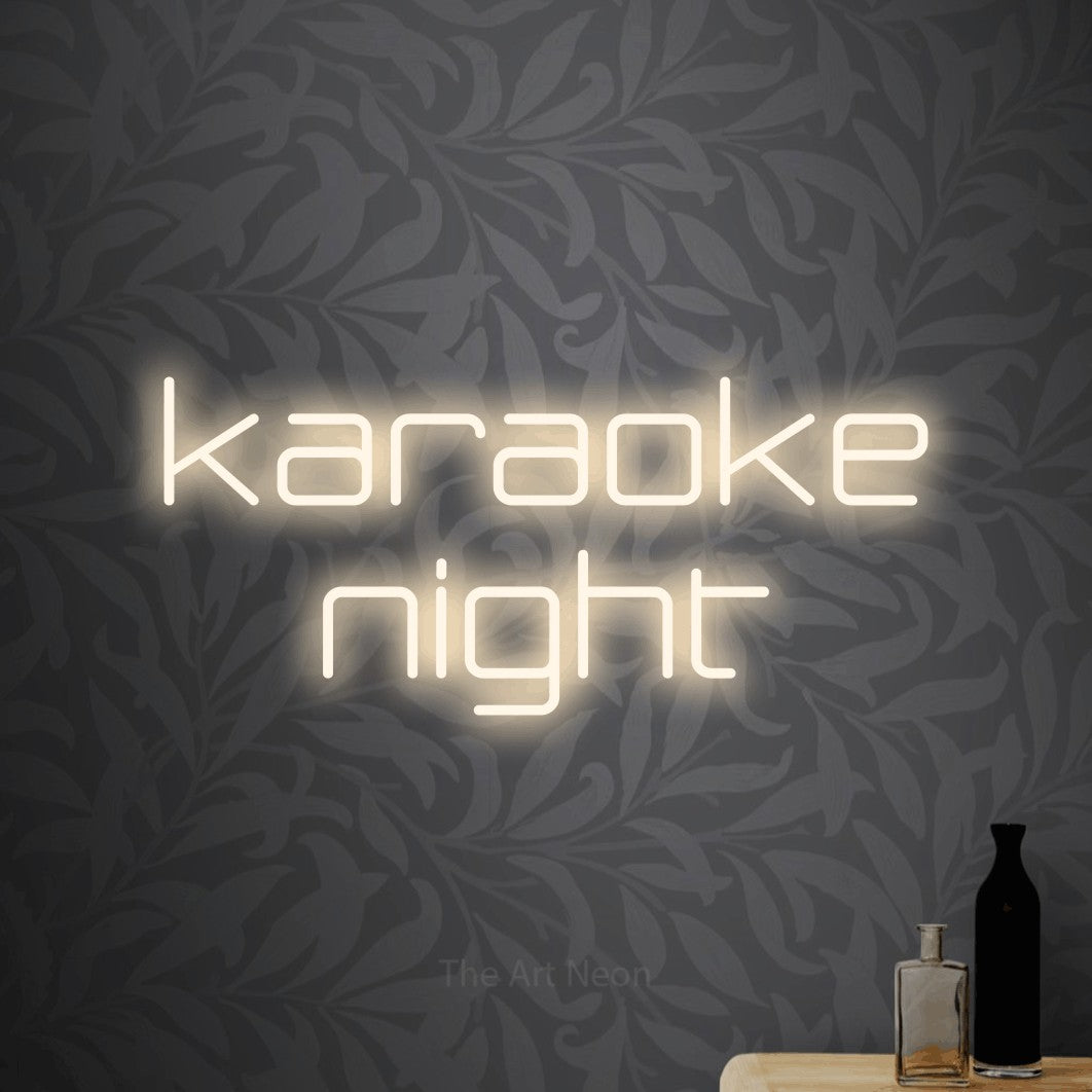 LED neon sign reading “karaoke night”, arranged in 2 lines.