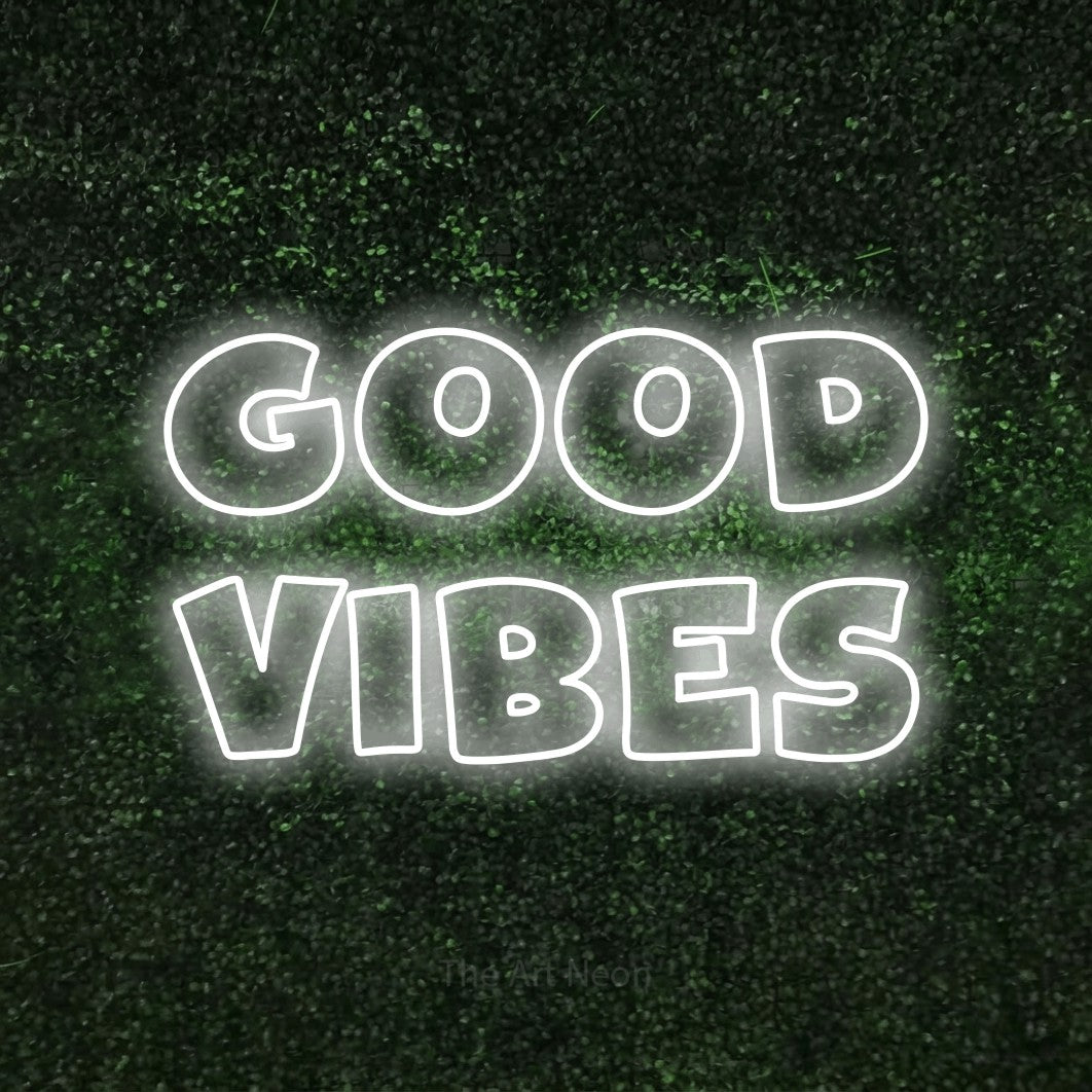 LED neon sign reading “Good Vibes”, arranged in 2 lines.