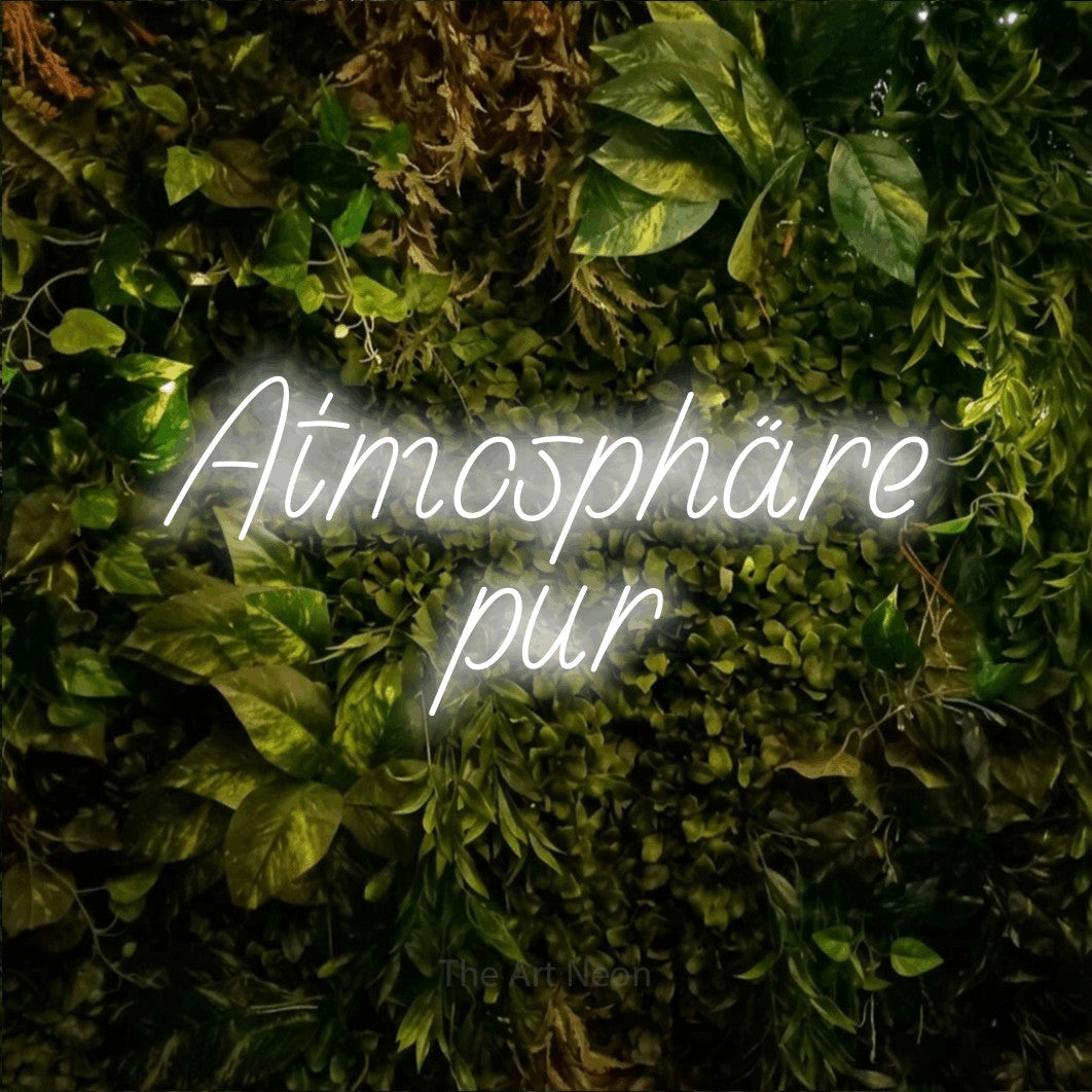 LED neon sign reading “Atmosphäre pur”, arranged in 2 lines.