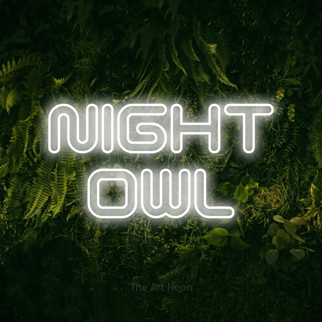 LED neon sign reading “NIGHT owl”, arranged in 2 lines.