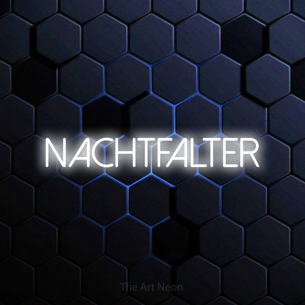 LED neon sign reading “NACHTFALTER”, arranged in a single line.